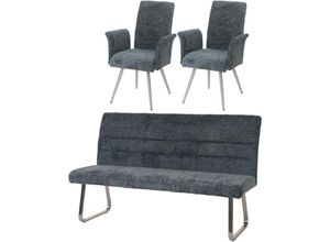 4057651888682 - - Esszimmer-Set 221 2er-Set Stuhl mit Armlehne+Sitzbank 180cm Edelstahl gebürstet Stoff Textil Chenille blau-grün