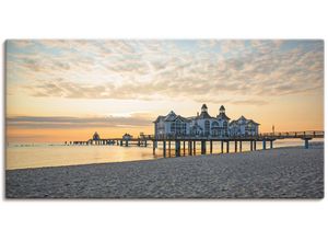 4057738019343 - Wandbild ARTLAND Seebrücke Sellin bei Sonnenaufgang Bilder Gr B H 100 cm x 50 cm Leinwandbild Strand 1 St gelb Bild Kunstdruck Leinwandbild Kunstdrucke Bilder als Leinwandbild Wandaufkleber oder Poster in versch Größen