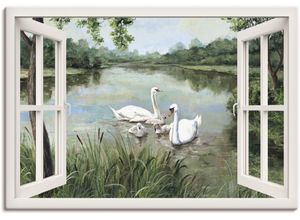 4057738298991 - Wandbild ARTLAND Fensterblick - Schwäne Bilder Gr B H 100 cm x 70 cm Leinwandbild Vögel 1 St weiß Bild Poster Bilder als Alubild Leinwandbild Wandaufkleber oder in versch Größen