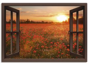 4057738333821 - Wandbild ARTLAND Fensterblick Mohnblumenfeld Bilder Gr B H 100 cm x 70 cm Leinwandbild Blumen Querformat 1 St braun Bild Poster Bilder als Alubild Leinwandbild Wandaufkleber oder in versch Größen