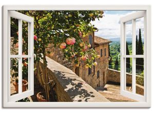 4057738334125 - Wandbild ARTLAND Fensterblick Rosen auf Balkon Toskana Bilder Gr B H 100 cm x 70 cm Leinwandbild Garten Querformat 1 St weiß Bild Leinwandbild Kunstdrucke Bilder als Alubild Leinwandbild Wandaufkleber oder Poster in versch Größen