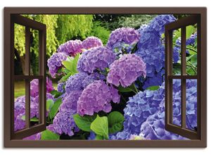 4057738334156 - Wandbild ARTLAND Fensterblick - Hortensien im Garten Bilder Gr B H 100 cm x 70 cm Leinwandbild Blumen Querformat 1 St lila Bild Leinwandbild Kunstdrucke Bilder als Alubild Leinwandbild Wandaufkleber oder Poster in versch Größen