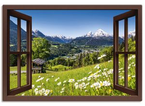 4057738334217 - Wandbild ARTLAND Fensterblick Bayerischen Alpen Bilder Gr B H 100 cm x 70 cm Leinwandbild Berge Querformat 1 St braun Bild Leinwandbild Kunstdrucke Bilder als Alubild Leinwandbild Wandaufkleber oder Poster in versch Größen