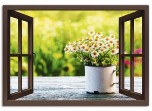 4057738334637 - Wandbild ARTLAND Fensterblick Garten mit Gänseblümchen Bilder Gr B H 130 cm x 90 cm Leinwandbild Blumen Querformat 1 St braun Bild Poster Bilder als Alubild Leinwandbild Wandaufkleber oder in versch Größen