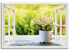 4057738334651 - Wandbild ARTLAND Fensterblick Garten mit Gänseblümchen Bilder Gr B H 100 cm x 70 cm Leinwandbild Blumen Querformat 1 St weiß Bild Poster Bilder als Alubild Leinwandbild Wandaufkleber oder in versch Größen