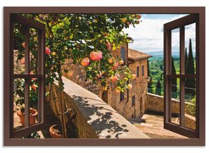4057738381792 - Wandbild ARTLAND Fensterblick Rosen auf Balkon Toskana Bilder Gr B H 70 cm x 50 cm Alu-Dibond-Druck Garten Querformat 1 St braun Bild Leinwandbild Kunstdrucke Bilder als Alubild Leinwandbild Wandaufkleber oder Poster in versch Größen