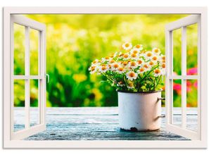 4057738381969 - Wandbild ARTLAND Fensterblick Garten mit Gänseblümchen Bilder Gr B H 70 cm x 50 cm Alu-Dibond-Druck Blumen Querformat 1 St weiß Bild Poster Bilder als Alubild Leinwandbild Wandaufkleber oder in versch Größen