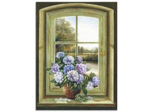 4057738407645 - Wandbild ARTLAND Hortensien am Fenster Bilder Gr B H 60 cm x 80 cm Alu-Dibond-Druck Arrangements 1 St grün Bild Poster Bilder als Alubild Leinwandbild Wandaufkleber oder in versch Größen