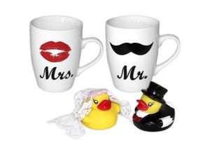 4057786602689 - Out Of The Blue - Mr & Mrs Tassen 2-er Set mit Badeenten Hochzeitspaar multicolor aus Porzellan und Kunststoff