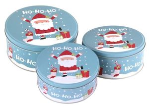 4057984017261 - 3er Set Weihnachts Gebäckdosen Plätzchen RUND Nikolausmotiv Ho Ho Ho - Blau