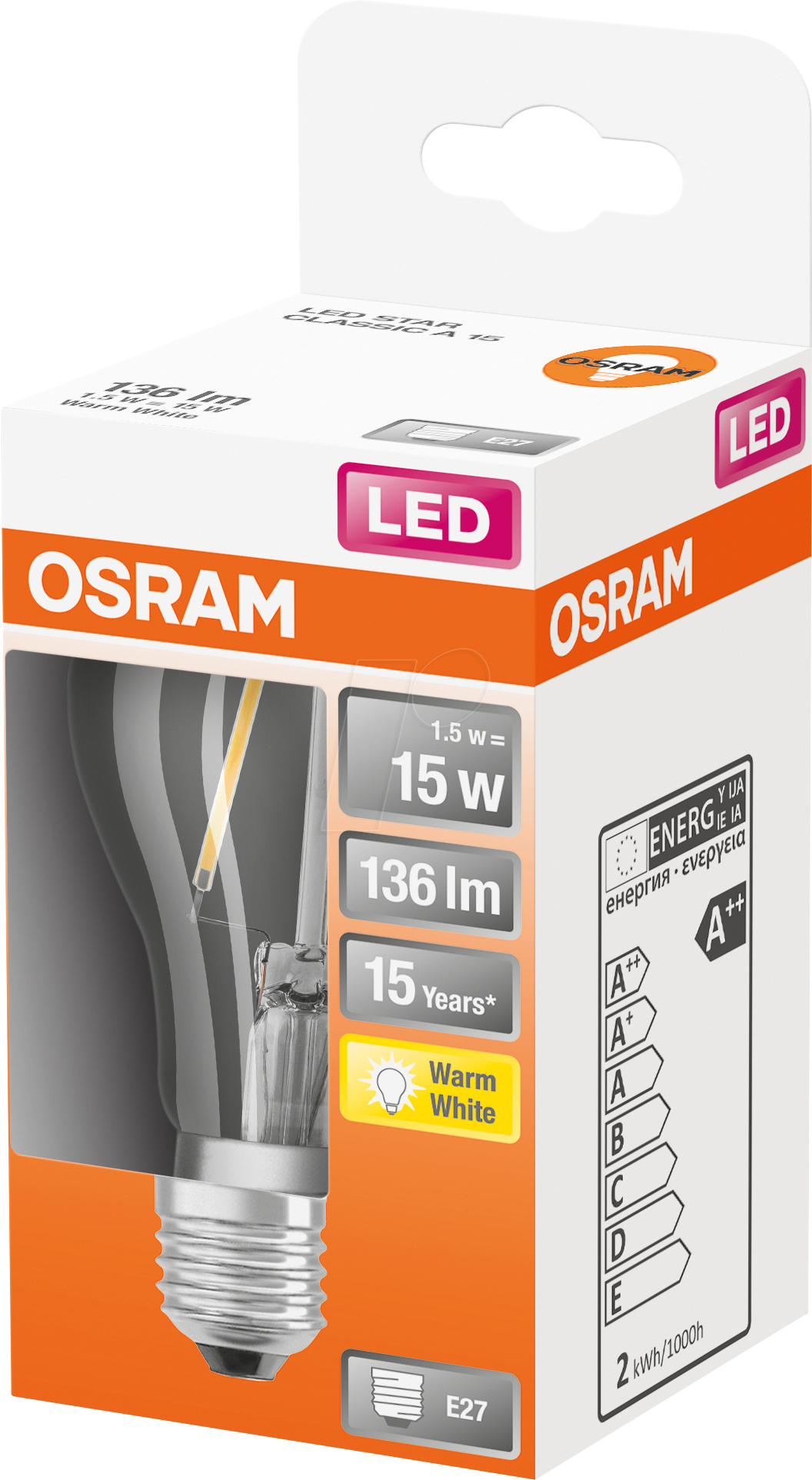 4058075461437 - Led Star klare Filament led Lampe E27 Sockel Warmweiß (2700K) Birnenform Ersatz für herkömmliche 15W-Glühbirnen 1er-Pack - Klar - Osram