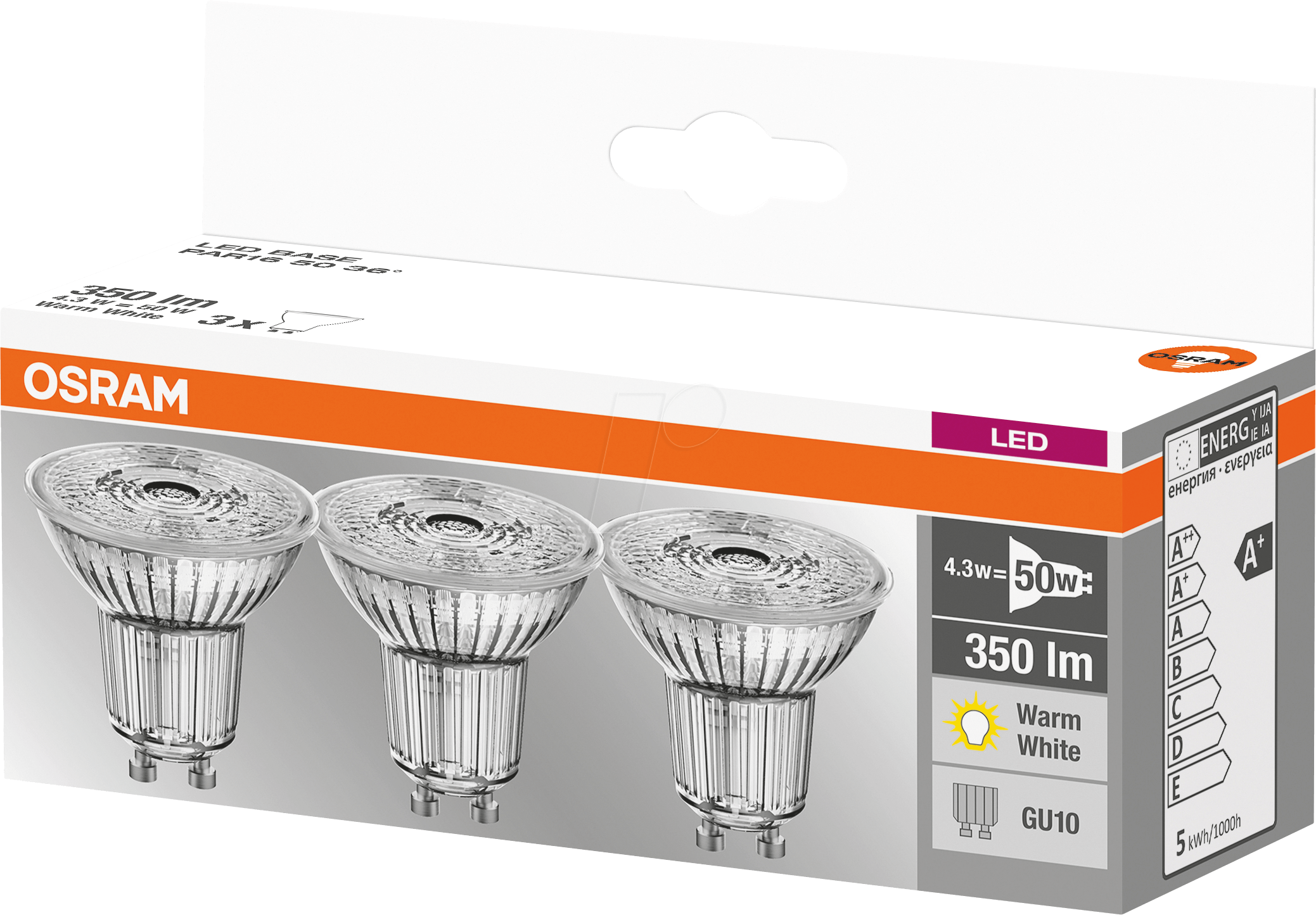 4058075818392 - Led Base PAR16 LED-Reflektorlampe mit GU10-Sockel Nicht Dimmbar Ersetzt 50 Watt 36° Ausstrahlungswinkel Warmweiß - 2700 Kelvin 3er-Pack - Osram