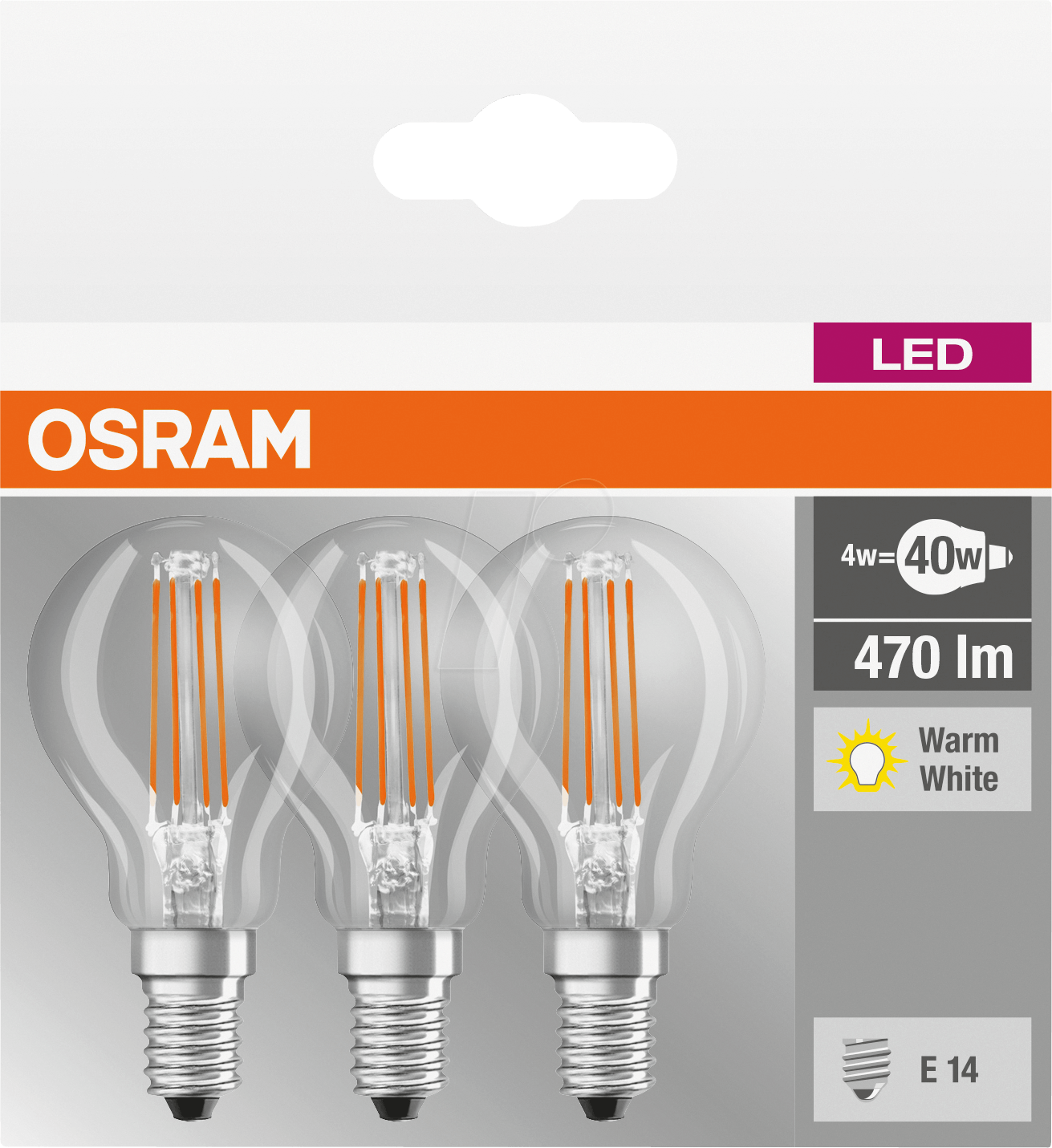 4058075819337 - OSRAM LED Base Classic P in Tropfenform mit E14-Sockel Nicht Dimmbar Ersetzt 40 Watt Filamentstil Klar Warmweiß - 2700 Kelvin 3er-Pack