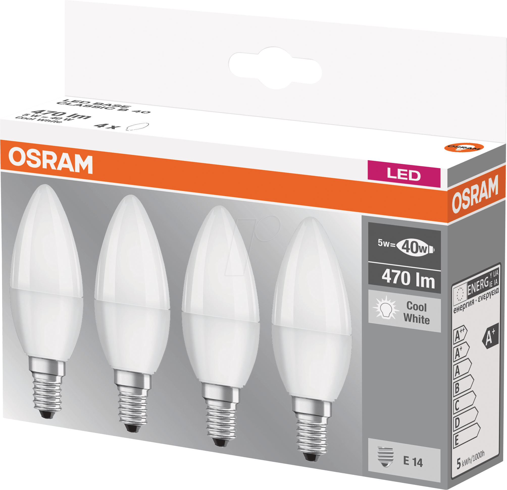 4058075819610 - Led Base Classic b in Kerzenform mit E14-Sockel Nicht Dimmbar Ersetzt 40 Watt Matt Kaltweiß - 4000 Kelvin 4er-Pack - Weiß - Osram