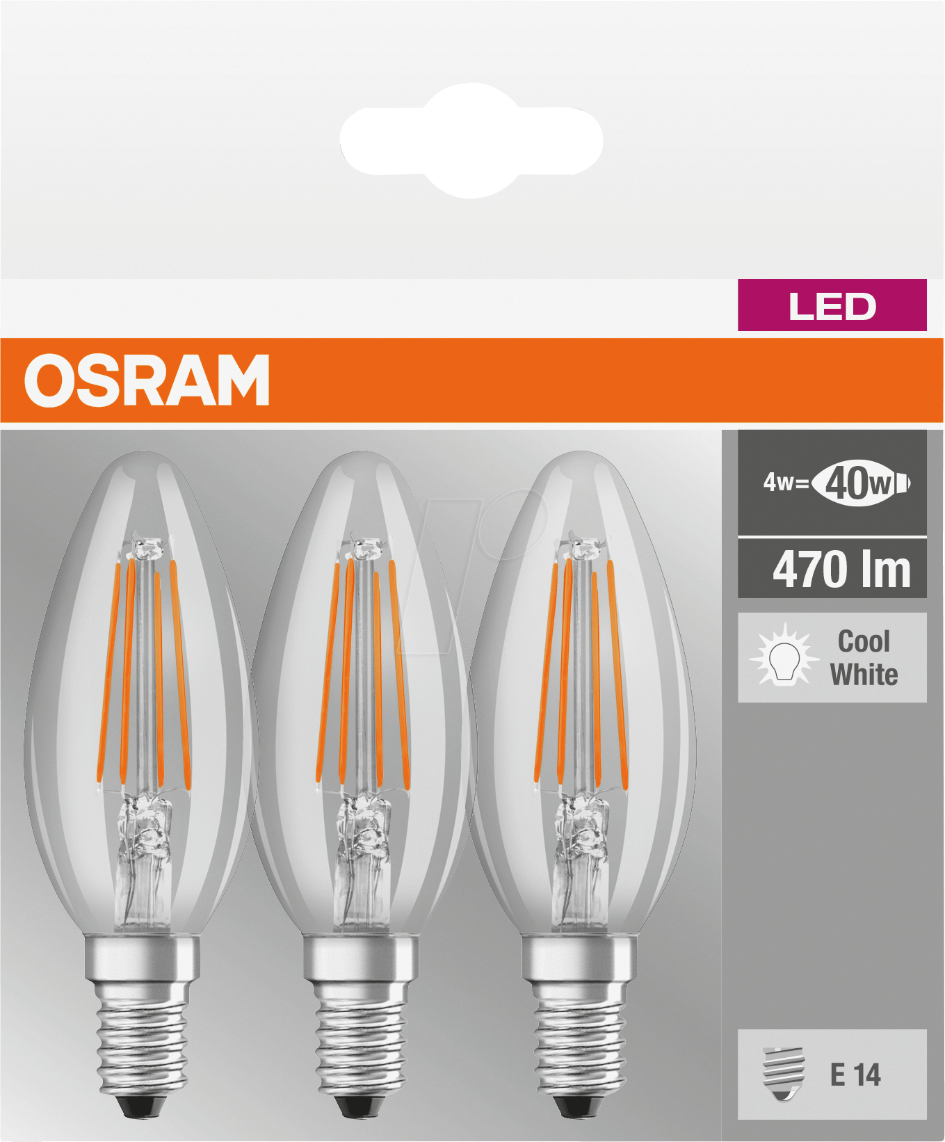 4058075819719 - Led Lampe ersetzt 40W E14 Kerze - B35 in Transparent 4W 470lm 4000K 3er Pack - transparent - Osram