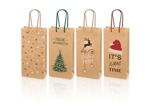 4058592805233 - Kk Verpackungen - 1000 x Tragetasche Sortiment für 2 Flaschen 170x85x360 mm Kraftpapier Weihnachten Natur - Schwarz Natur Braun