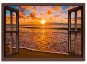 4058661278241 - Wandbild ARTLAND Fensterblick Sonnenuntergang am Strand Bilder Gr B H 100 cm x 70 cm Leinwandbild Sonnenaufgang & -untergang Querformat 1 St braun Bild Leinwandbild Kunstdrucke Bilder als Leinwandbild Wandaufkleber oder Poster in versch Größen