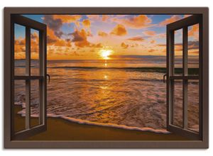 4058661278258 - Wandbild ARTLAND Fensterblick Sonnenuntergang am Strand Bilder Gr B H 130 cm x 90 cm Leinwandbild Sonnenaufgang & -untergang Querformat 1 St braun Bild Leinwandbild Kunstdrucke Bilder als Leinwandbild Wandaufkleber oder Poster in versch Größen