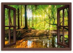 4058661278531 - Wandbild ARTLAND Fensterblick - Wald mit Bach Bilder Gr B H 130 cm x 90 cm Leinwandbild Wald Querformat 1 St braun Bild Leinwandbild Kunstdrucke Bilder als Leinwandbild Wandaufkleber oder Poster in versch Größen