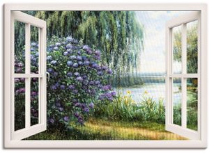 4058661451422 - Wandbild ARTLAND Hortensien am See Bilder Gr B H 100 cm x 70 cm Leinwandbild Fensterblick Querformat 1 St grün Kunstdrucke als Leinwandbild Wandaufkleber oder Poster in versch Größen