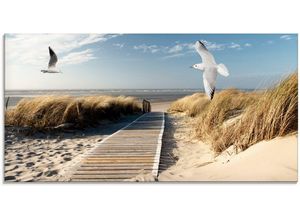 4058661624475 - Glasbild ARTLAND Nordseestrand auf Langeoog mit Möwen Bilder Gr B H 60 cm x 30 cm Strand 1 St blau Glasbilder Bilder in verschiedenen Größen