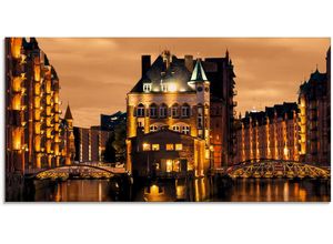 4058661629999 - Glasbild ARTLAND Speicherstadt in Hamburg Bilder Gr B H 100 cm x 50 cm Glasbild Deutschland 1 St orange Glasbilder in verschiedenen Größen