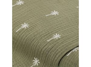 4058896381068 - Musselin Doppel-Gaze „Palmen“ bestickt olivgrün weiß