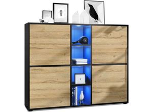 4058905000805 - Highboard Sideboard Kommode Schrank led Cuba V3 Schwarz Hochglanz & Naturtöne - Türen in Eiche Natur mit led Beleuchtung - Türen in Eiche Natur mit