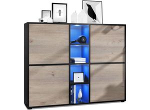 4058905000836 - Highboard Sideboard Kommode Schrank led Cuba V3 Schwarz Hochglanz & Naturtöne - Türen in Eiche Nordic mit led Beleuchtung - Türen in Eiche Nordic