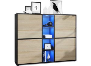 4058905000867 - - Highboard Sideboard Kommode Schrank led Cuba V3 Schwarz Hochglanz & Naturtöne - Türen in Eiche sägerau mit led Beleuchtung - Türen in Eiche