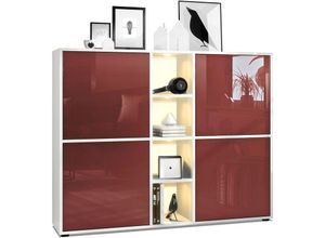 4058905001192 - Highboard Sideboard Kommode Schrank Regal Cuba V3 Weiß Hochglanz & Naturtöne - Türen in Bordeaux Hochglanz mit led Beleuchtung - Türen in Bordeaux