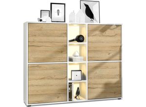 4058905001314 - Highboard Sideboard Kommode Schrank Regal Cuba V3 Weiß Hochglanz & Naturtöne - Türen in Eiche Natur mit led Beleuchtung - Türen in Eiche Natur mit