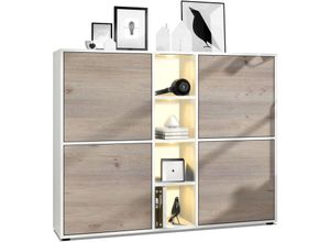 4058905001345 - Highboard Sideboard Kommode Schrank Regal Cuba V3 Weiß Hochglanz & Naturtöne - Türen in Eiche Nordic mit led Beleuchtung - Türen in Eiche Nordic mit