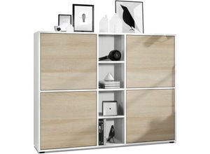 4058905001369 - Highboard Sideboard Kommode Schrank Regal Cuba V3 Weiß Hochglanz & Naturtöne - Türen in Eiche sägerau ohne led Beleuchtung - Türen in Eiche sägerau