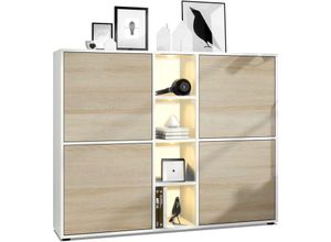 4058905001376 - Highboard Sideboard Kommode Schrank Regal Cuba V3 Weiß Hochglanz & Naturtöne - Türen in Eiche sägerau mit led Beleuchtung - Türen in Eiche sägerau