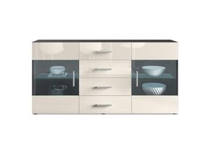 4058905001826 - Sideboard Kommode Vitrine Schrank Anrichte Bari V1 Schwarz Hochglanz Naturtöne - Front in Creme Hochglanz - Front in Creme Hochglanz