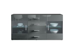 4058905001864 - Sideboard Kommode Vitrine Schrank Anrichte Bari V1 Schwarz Hochglanz Naturtöne - Front in Grau Hochglanz - Front in Grau Hochglanz - Vladon