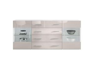 4058905002236 - Sideboard Kommode Vitrine Schrank Anrichte Bari V2 Weiß - Hochglanz & Naturtöne - Front in Sandgrau Hochglanz - Front in Sandgrau Hochglanz - Vladon