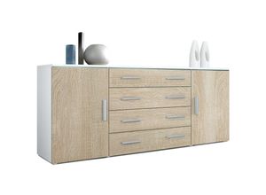 4058905003394 - Sideboard Kommode Highboard Anrichte Faro V2 Weiß matt - Hochglanz - Front in Eiche sägerau - Front in Eiche sägerau - Vladon