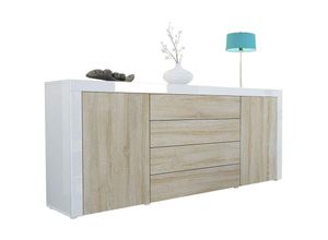 4058905004285 - Sideboard Kommode Anrichte Highboard La Paz V1 in Weiß - Hochglanz & Naturtöne - Eiche sägerau   Weiß Hochglanz - Eiche sägerau   Weiß Hochglanz