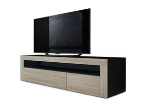 4058905005350 - Tv Lowboard Board Schrank Tisch Möbel Valencia Schwarz - Hochglanz & Naturtöne - Eiche sägerau   Eiche sägerau - Eiche sägerau   Eiche sägerau