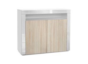 4058905005558 - Kommode Sideboard Anrichte Schrank Valencia in Weiß - Hochglanz und Naturtöne - Eiche sägerau   Weiß Hochglanz - Eiche sägerau   Weiß Hochglanz