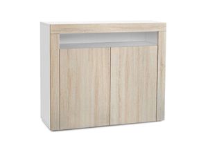 4058905005770 - Kommode Sideboard Anrichte Schrank Valencia in Weiß - Hochglanz und Naturtöne - Eiche sägerau   Eiche sägerau - Eiche sägerau   Eiche sägerau - Vladon