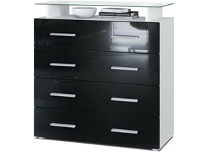 4058905010163 - Kommode Schrank Anrichte Sideboard Pavos in Weiß - Hochglanz & Naturtöne - Front in Schwarz Hochglanz mit Glasaufsatz - Front in Schwarz Hochglanz