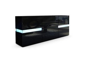 4058905010552 - Sideboard Kommode Flow in Weiß oder Schwarz Hochglanz 177 cm - Ambient Light - Schwarz mit led Beleuchtung - Schwarz mit led Beleuchtung - Vladon