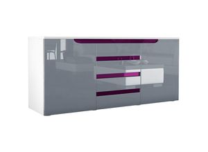 4058905013089 - Sideboard Kommode Anrichte Schrank Sylt V1 in Weiß - Hochglanz und Naturtöne - Grau Hochglanz   Brombeer Hochglanz - Grau Hochglanz   Brombeer
