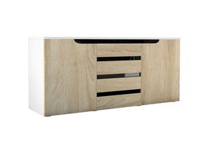 4058905013119 - Sideboard Kommode Anrichte Schrank Sylt V1 in Weiß - Hochglanz und Naturtöne - Eiche sägerau   Schwarz Hochglanz - Eiche sägerau   Schwarz Hochglanz