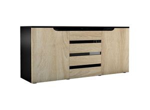 4058905013232 - Sideboard Anrichte Kommode Schrank Sylt V1 Schwarz - in Hochglanz & Naturtöne - Eiche sägerau   Schwarz Hochglanz - Eiche sägerau   Schwarz