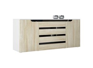 4058905013348 - Sideboard Kommode Anrichte Schrank Sylt V2 in Weiß - Hochglanz und Naturtöne - Eiche sägerau   Schwarz Hochglanz - Eiche sägerau   Schwarz