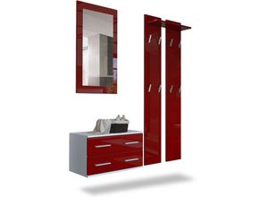 4058905016219 - Garderobenset Flur Garderobe Diele Set Spiegel Schuhschrank Kioto Weiß Hochglanz - Front in Bordeaux Hochglanz - Front in Bordeaux Hochglanz - Vladon